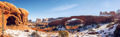 Wide-angle shot of an alien planet landscape. Breathtaking panorama of a desert planet with canyons and strange rock formations. Fantastic extraterrestrial landscape. Sci-fi wallpaper.