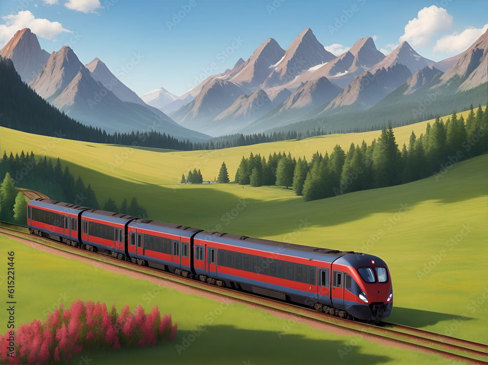 Train moving with mountains background. AI generated illustration