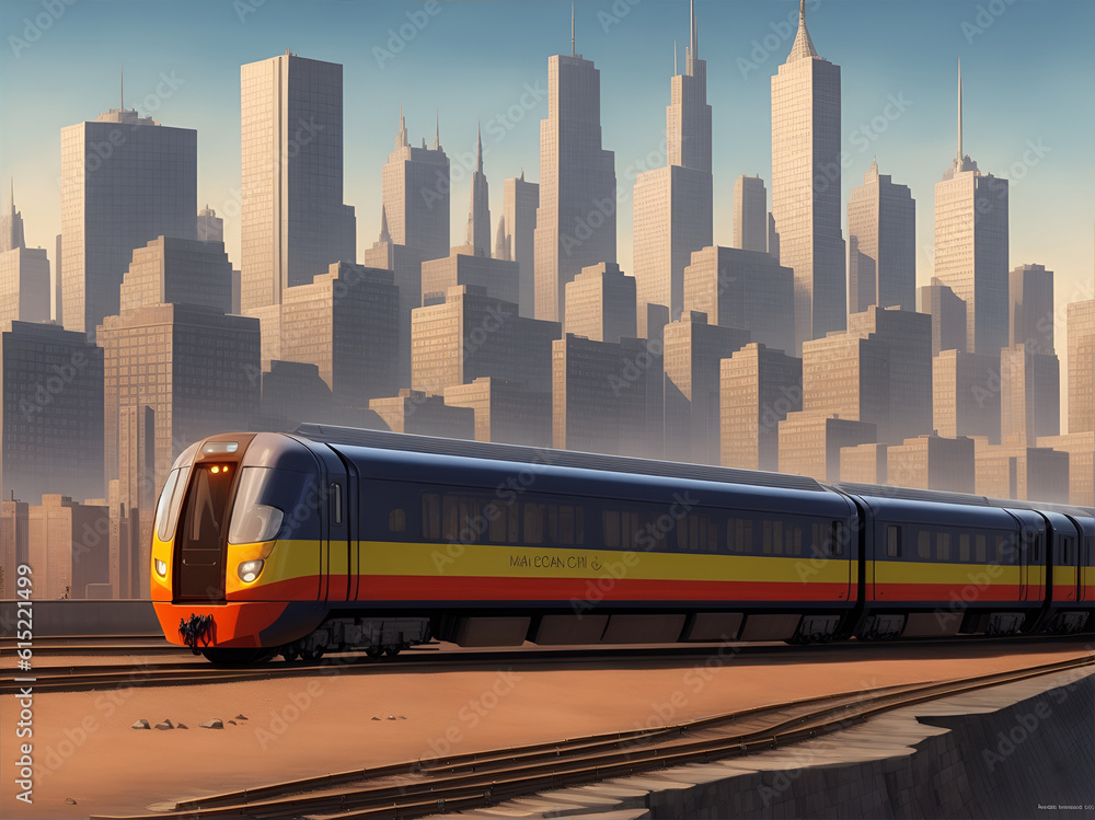 Naklejka premium Train moving with city background. AI generated illustration