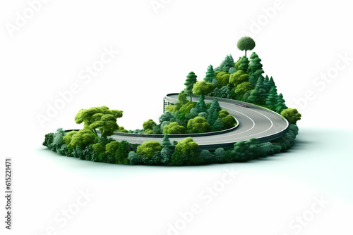 Piece of green land with car road isolated, creative travel and tourism off-road design trees. 3D style.