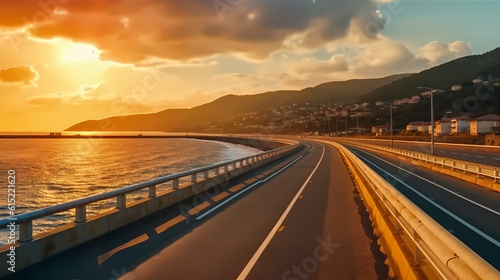 Highway landscape at colorful sunset. Road view on the sea. colorful seascape with beautiful road. highway view on ocean beach. coastal road in europe. Colorful seascape in the Mediterranean. © ckybe