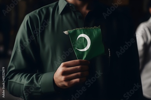 Portrait of a man holding a Pakistan flag in his hand outdoors photo