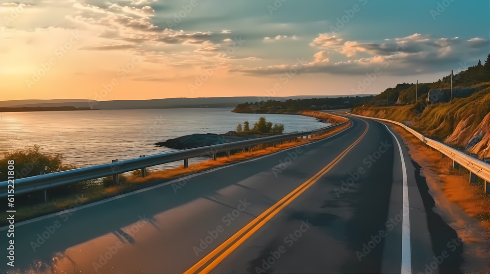 Highway landscape at colorful sunset. Road view on the sea. colorful seascape with beautiful road. highway view on ocean beach. coastal road in europe. Colorful seascape in the Mediterranean.