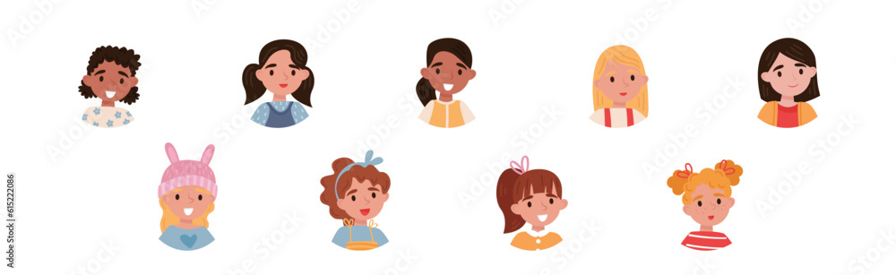 Little Girl Character Head as Avatar with Smiling Face Vector Set