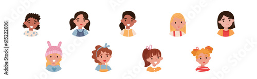 Little Girl Character Head as Avatar with Smiling Face Vector Set