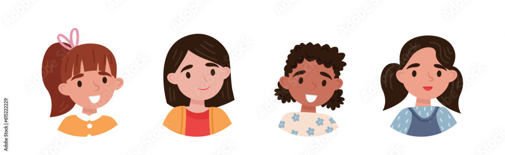Little Girl Character Head as Avatar with Smiling Face Vector Set Little Girl Character Head as Avatar with Smiling Face Vector Set