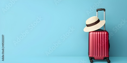 Red travel suitcase with hat on blue background. Generative AI