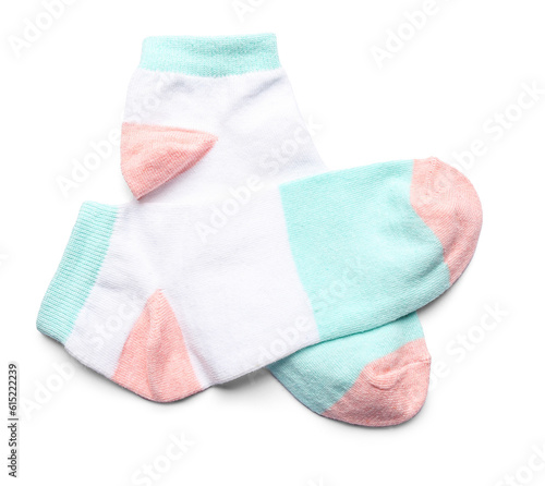 Pair of colorful cotton socks on white background