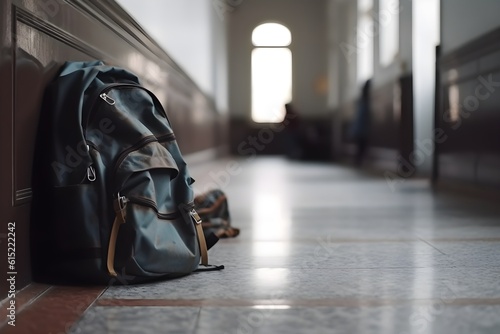 School backpack on the floor in the School hallway corridor photo