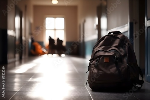 School backpack on the floor in the School hallway corridor