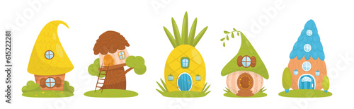 Fantasy Tiny House on Green Lawn in the Garden Vector Set