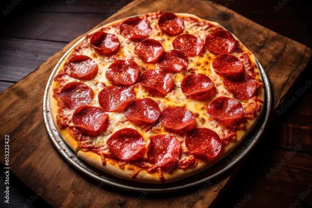 a pepperoni pizza sitting on top of a wooden cutting board,created by Generative AI