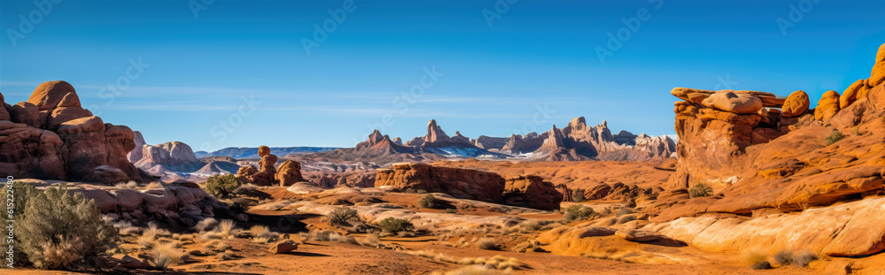 Naklejka premium Wide-angle shot of an alien planet landscape. Breathtaking panorama of a desert planet with canyons and strange rock formations. Fantastic extraterrestrial landscape. Sci-fi wallpaper.