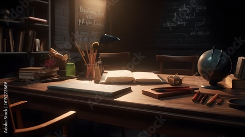 School stationery and apples on table in classroom