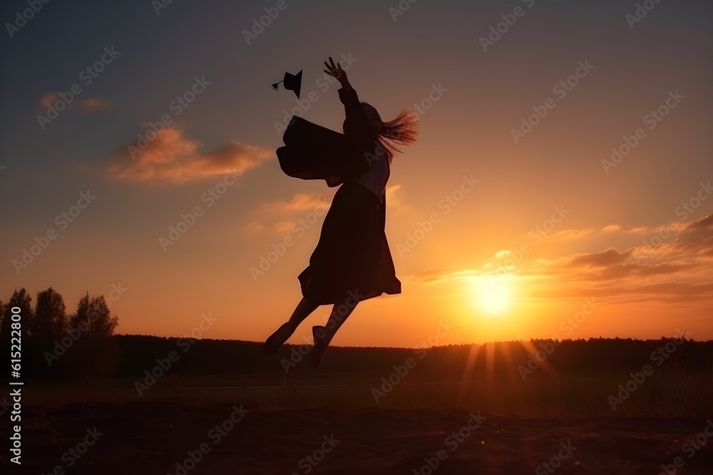 Silhouette of a young woman jumping with a diploma at sunset