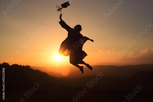 Silhouette of a young woman jumping with a diploma at sunset