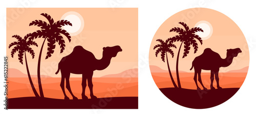 Camel in Egypt against the backdrop of desert palms and dunes. Dark silhouette of a camel on a red and orange background. Travel and tourism concept. Vector illustration.