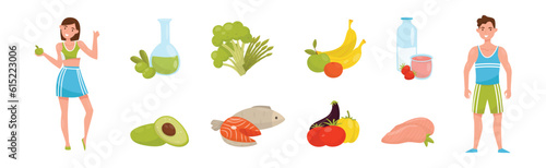 Healthy Diet with Young Man and Woman and Balanced Food Vector Set