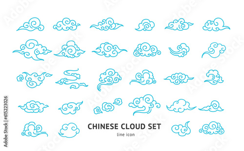 Asia Clouds Sign Blue Thin Line Icons Set Chinese Style. Vector illustration of Oriental Decoration Icon