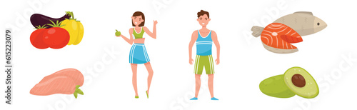 Healthy Diet with Young Man and Woman and Balanced Food Vector Set