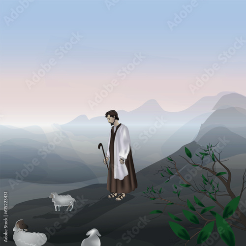 Shepherd with sheep in the mountains. Vector cartoon Bible. Illustration for Bible stories. photo