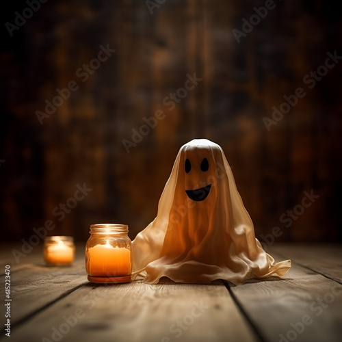  Happy ghost with candles in a jar. Wooden, dark and spider web background. Minimal concept for Halloween. Generative AI.