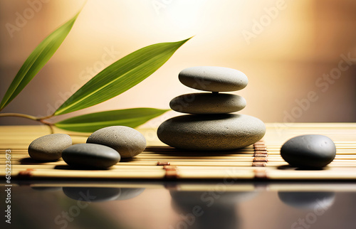 A serene brown zen garden background with stone stack  twig  water and bamboo. Concept background on the theme of yoga  relaxation and meditation.