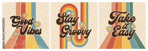 Retro Flower Power, 70s Era Boho Rainbow Stripe Line Pattern, Positive Saying Poster, Good Vibes, Stay Groovy, Take it Easy, Abstract Graphic Design, Vintage Floral Art, Bold Word, Bohemian Artistic