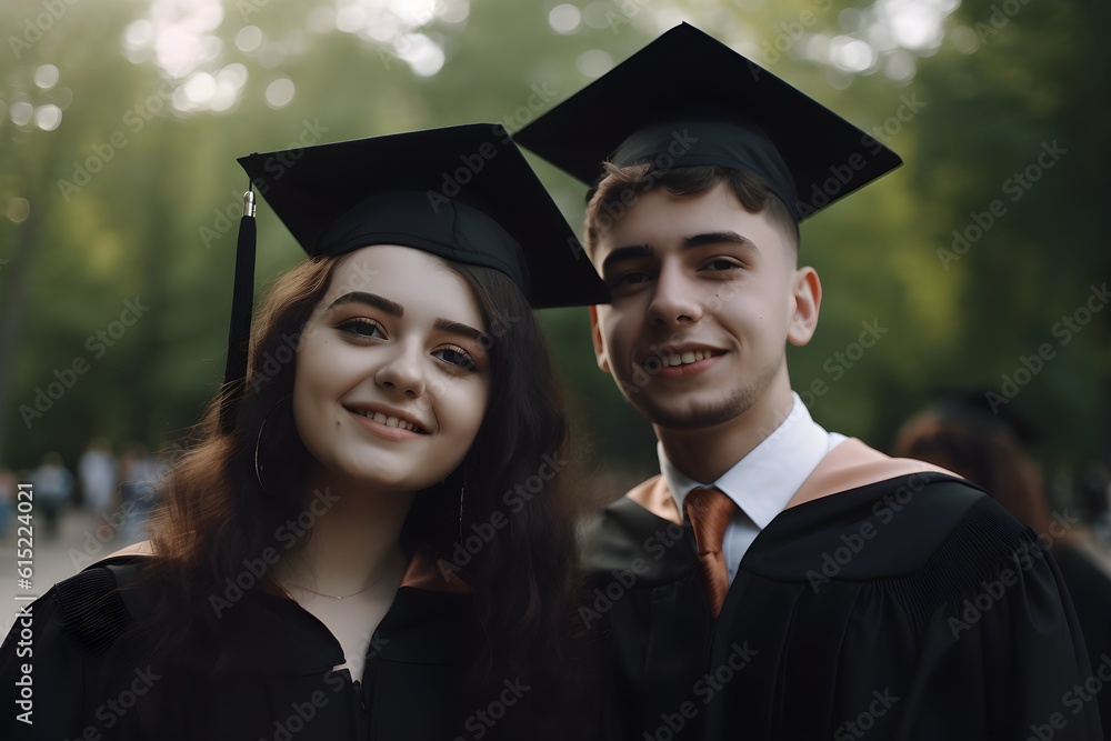 Two students in graduation with hats and black gowns Two students in graduation with hats and black gowns
