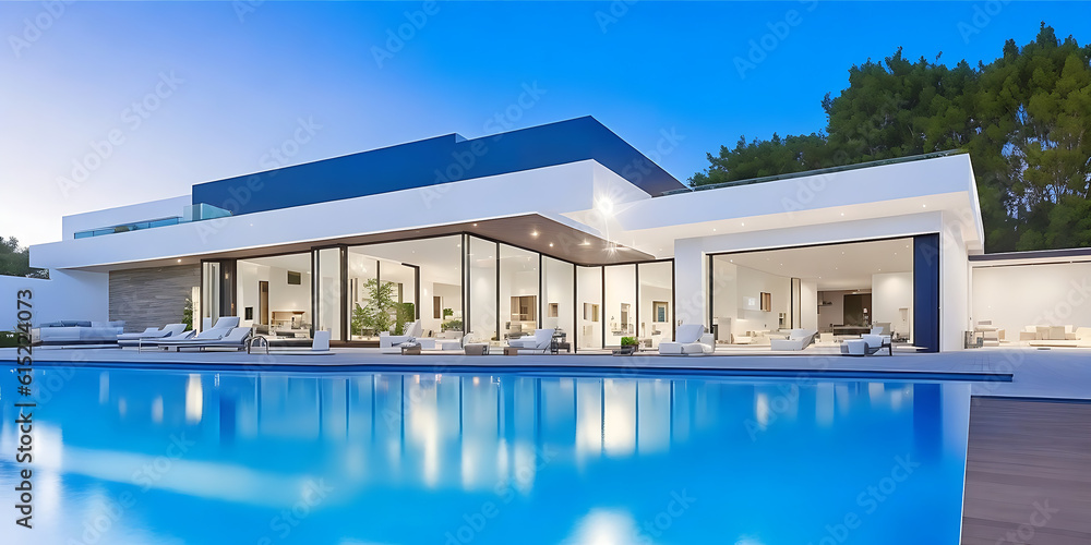 Modern house with pool, luxurious villa with swimming pool at dusk