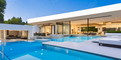 Modern house with pool, luxurious villa with swimming pool at dusk