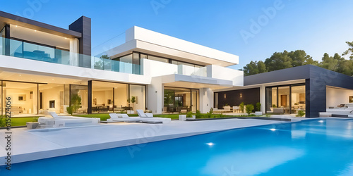 Modern house with pool, luxurious villa with swimming pool at dusk © MOST