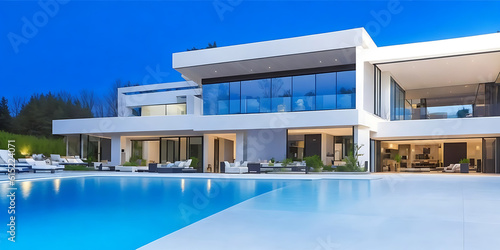 Modern house with pool  luxurious villa with swimming pool at dusk