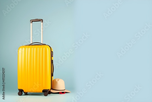 Yellow travel suitcase with hat on blue background. Generative AI