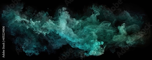 Ink water. Color mist. Green and blue shiny glitter steam cloud blend on dark black abstract art banner background. Ai generative.