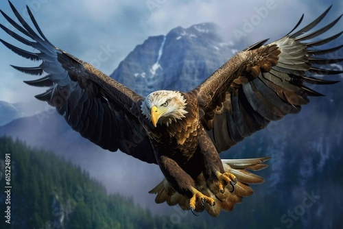 A predatory eagle soars in the air, flapping its wings.Created using generative AI.