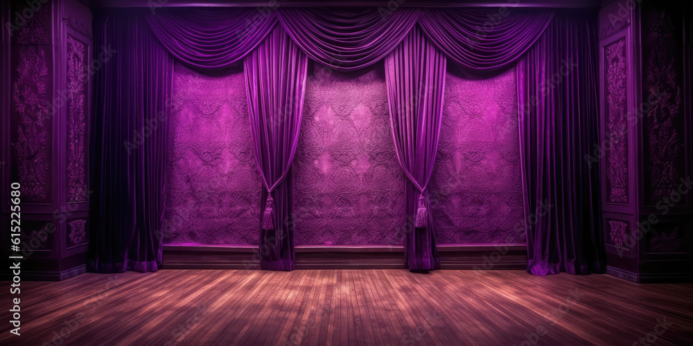 purple stage curtain on wooden floor. Generative AI