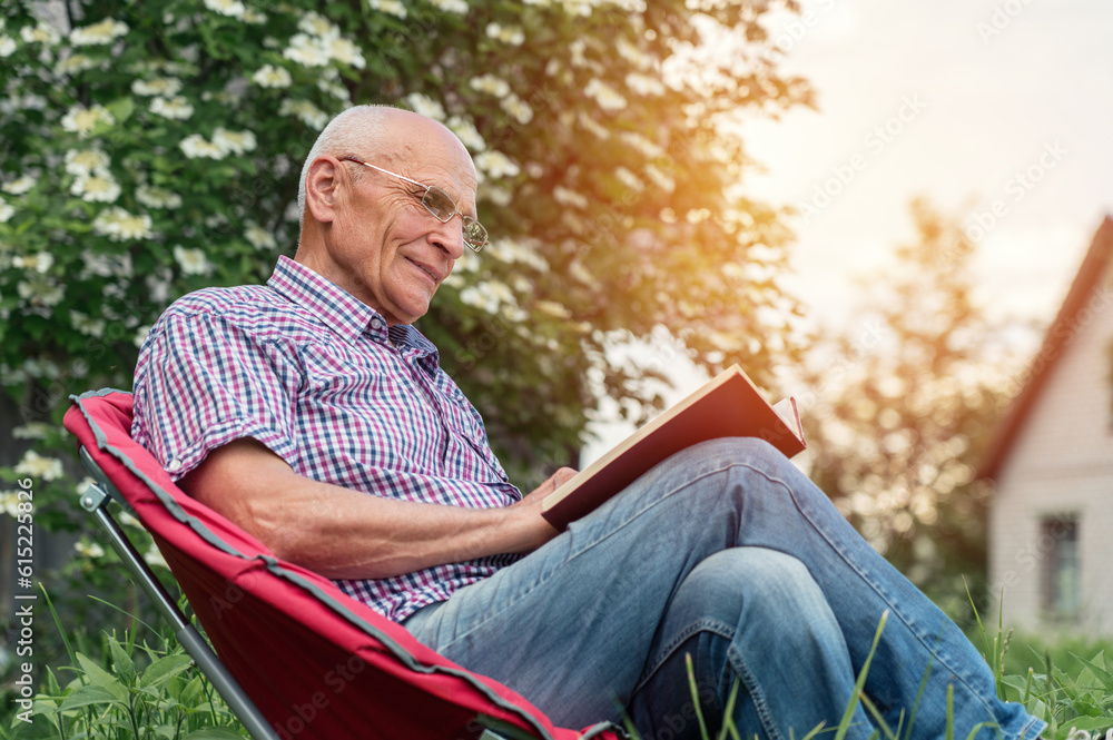 Obraz premium Retired man seated on armchair wearing glasses reading book in garden outdoor of cottage house.