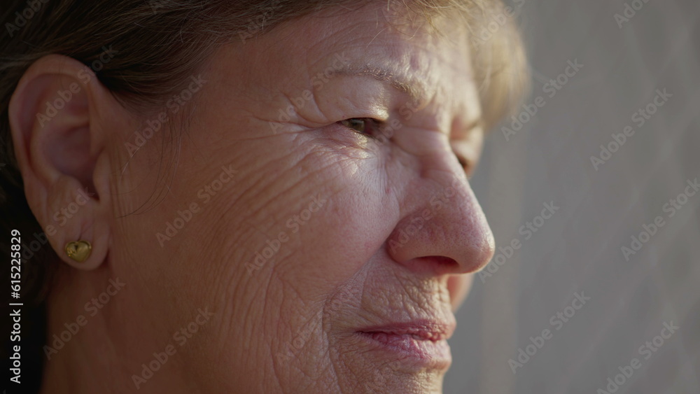 Fototapeta premium Close-up face of a pensive senior elderly woman with wrinkles. Older person in 70s in contemplation, thinking deeply about life and experience