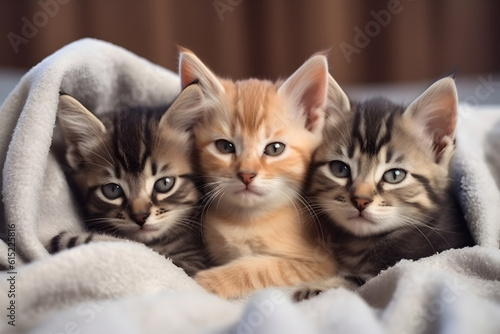 Three tiny kittens sit under a warm blanket on a bed at home.