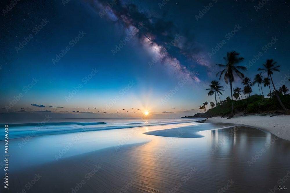 Fototapeta premium Silver Sands and Moonlit Waves: A Tranquil Nocturnal Beachscape