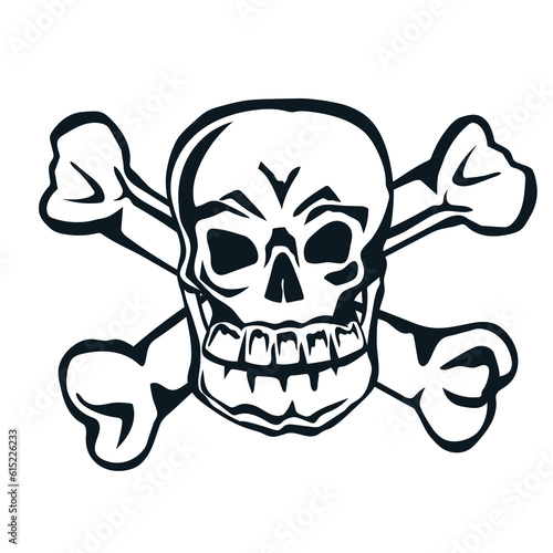 Skull and crossed bones for Halloween and piracy topics, black and white vector illustration isolated on dark background. Skull and crossbones of skeleton.