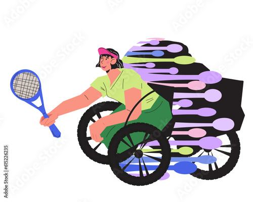 Wheelchair tennis player female character with decorative elements for logo, vector illustration isolated on white background. Design for topic of sport for people with disabilities.