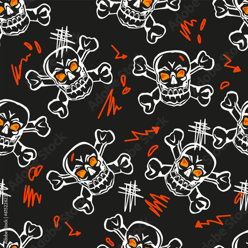 Seamless pattern with skulls and red arrows vector illustration on black background. Halloween seamless pattern with skulls. Trendy textile print.
