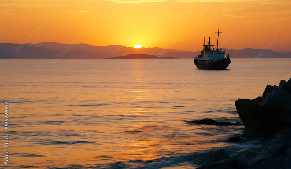 Sunset on the Aegean sea, ship and land in the distance, water, Greece