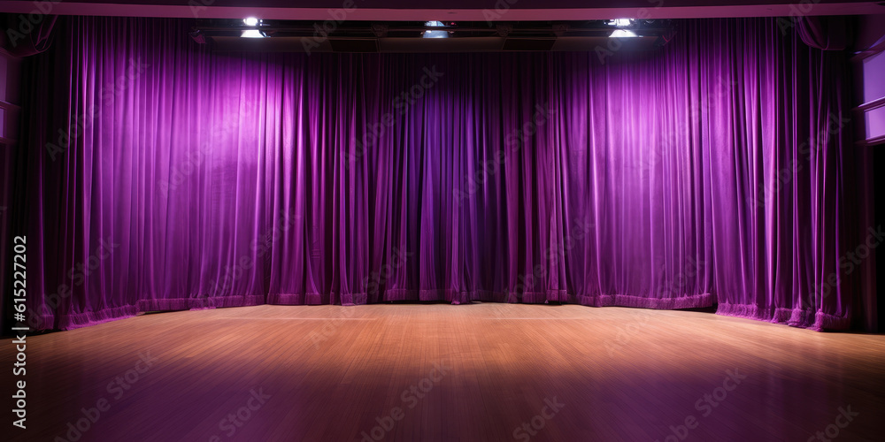 Purple stage curtain on wooden floor. Generative AI