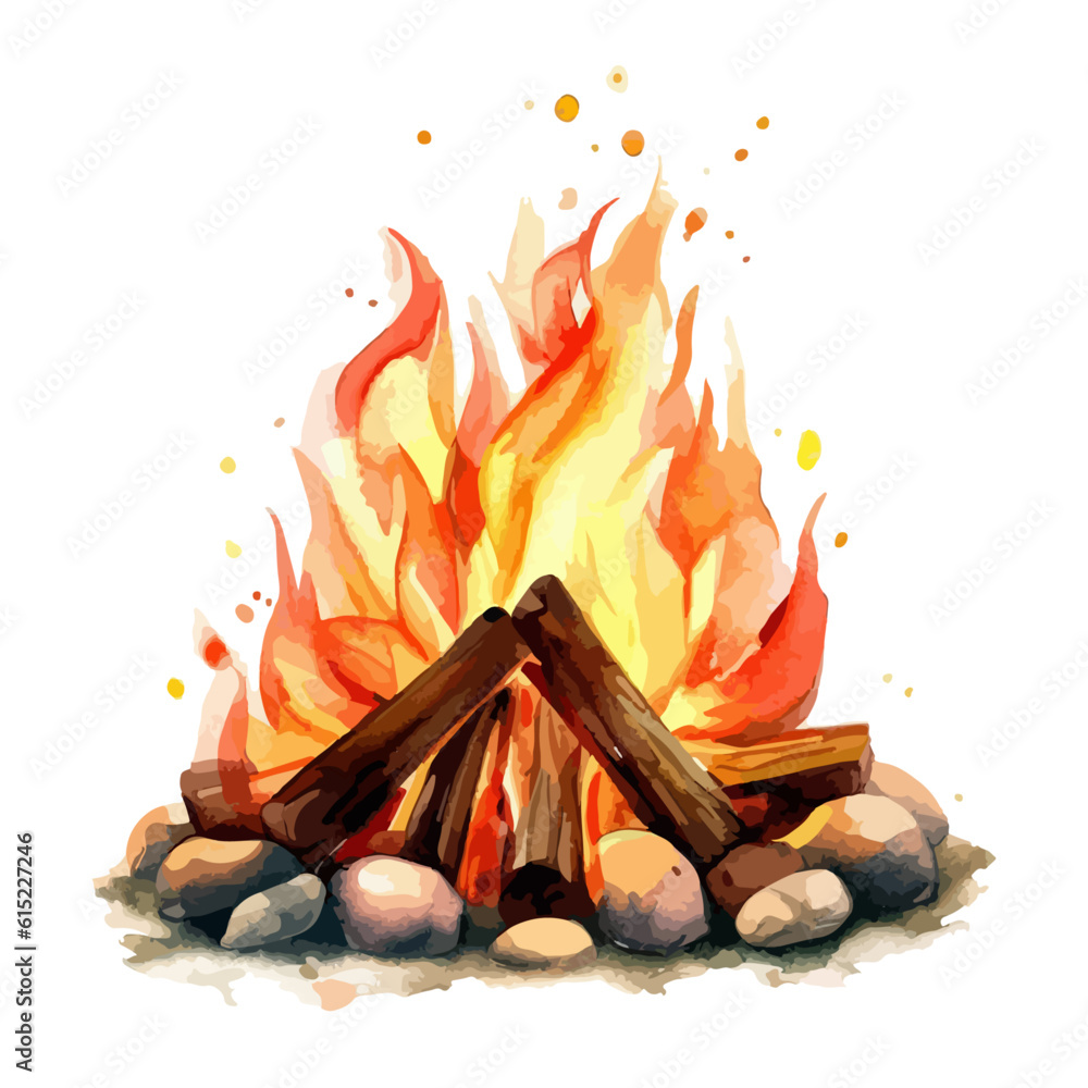 campfire watercolor illustration - obrazy, fototapety, plakaty 