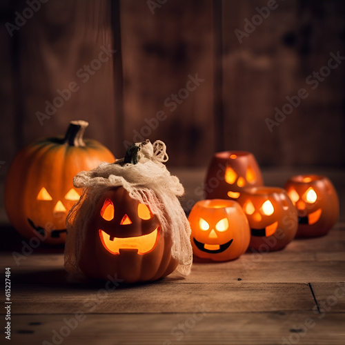 Halloween creative layout of pumpkins with happy and scary faces. Wooden background with copy space. Generative AI.