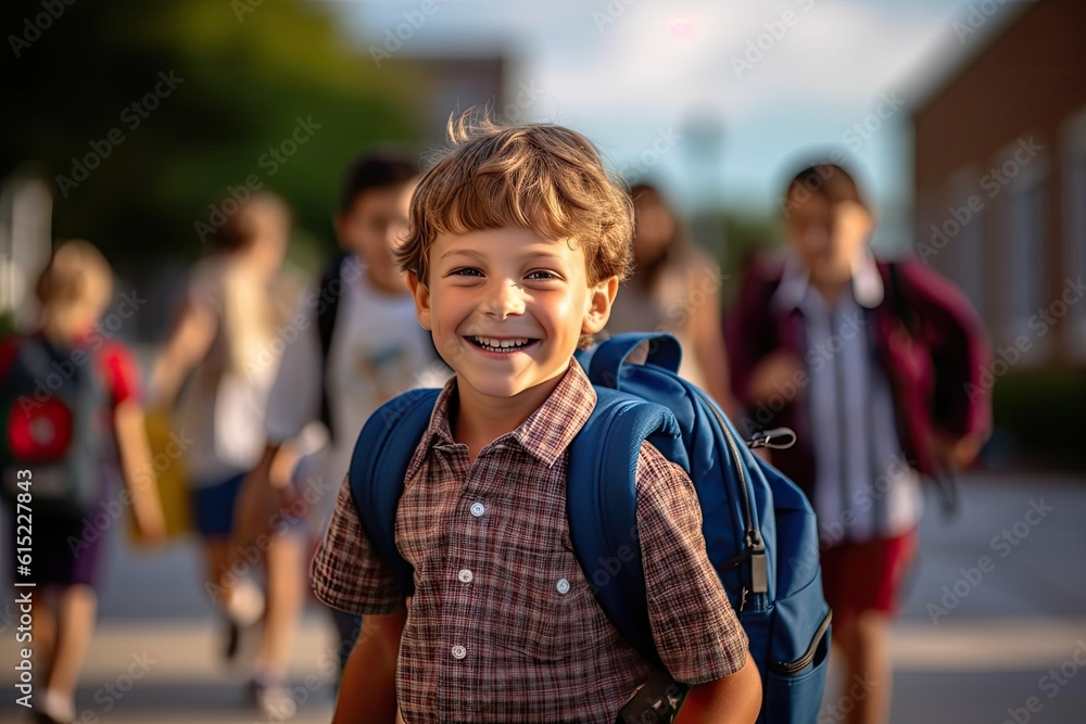 Happy and smiling little boy carrying a backpack going back to school