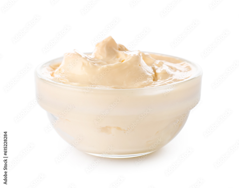 Bowl with tasty cream cheese on white background Bowl with tasty cream cheese on white background